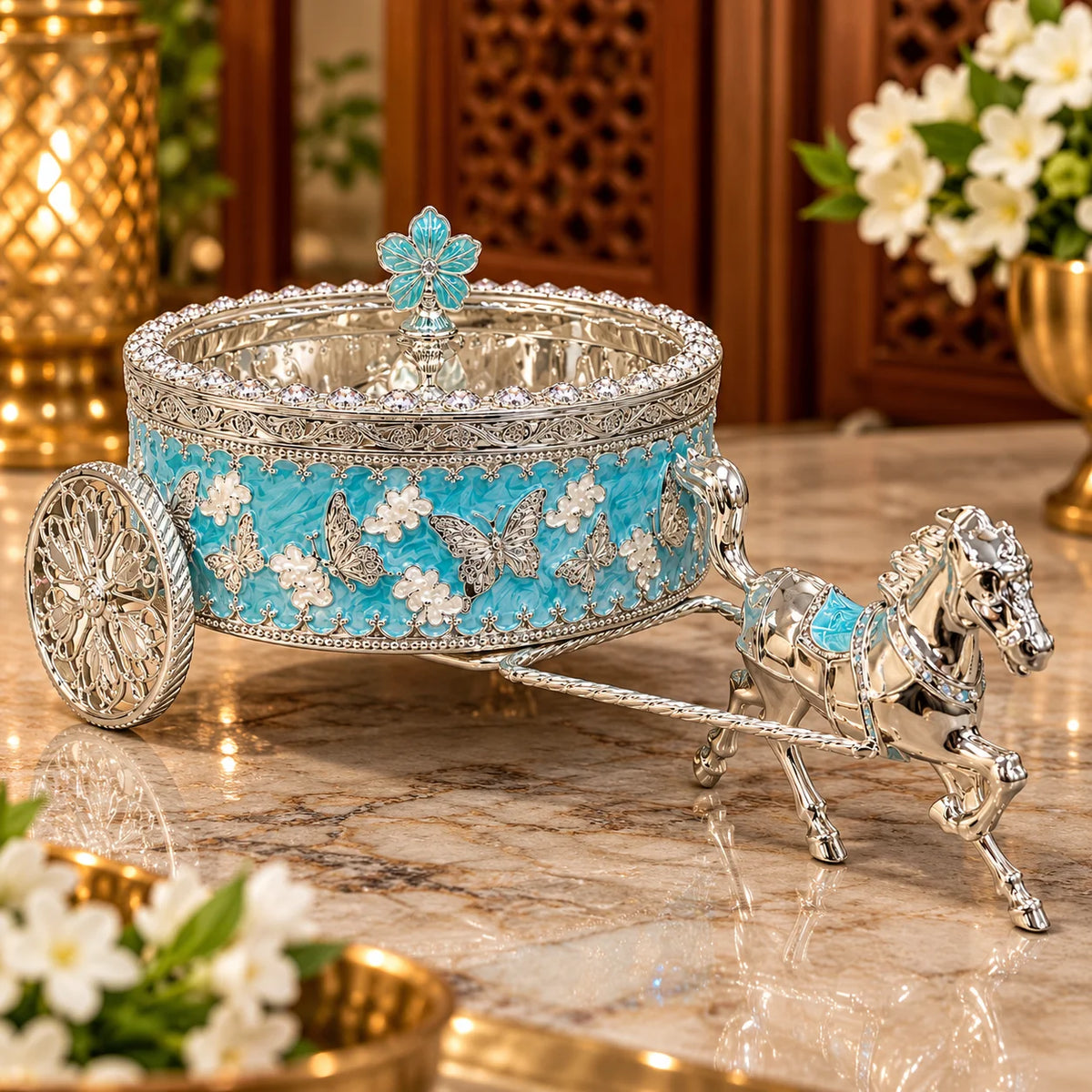 Blue Horse Carriage Decorative Jewellery Box with Silver Finish
