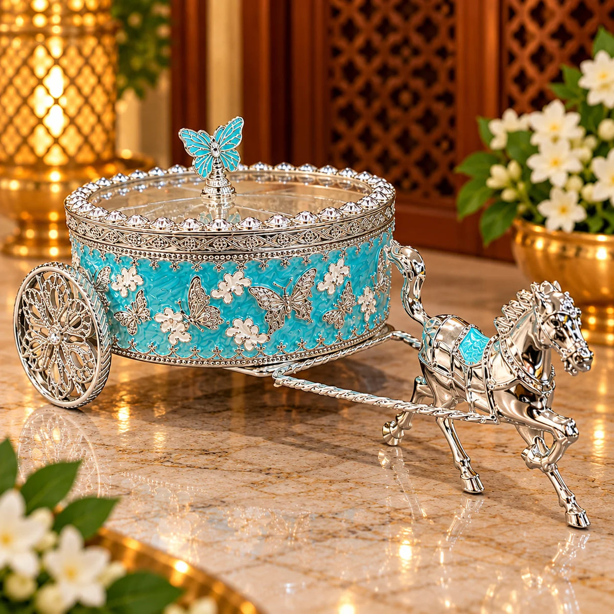 Blue Horse Carriage Decorative Jewellery Box with Silver Finish