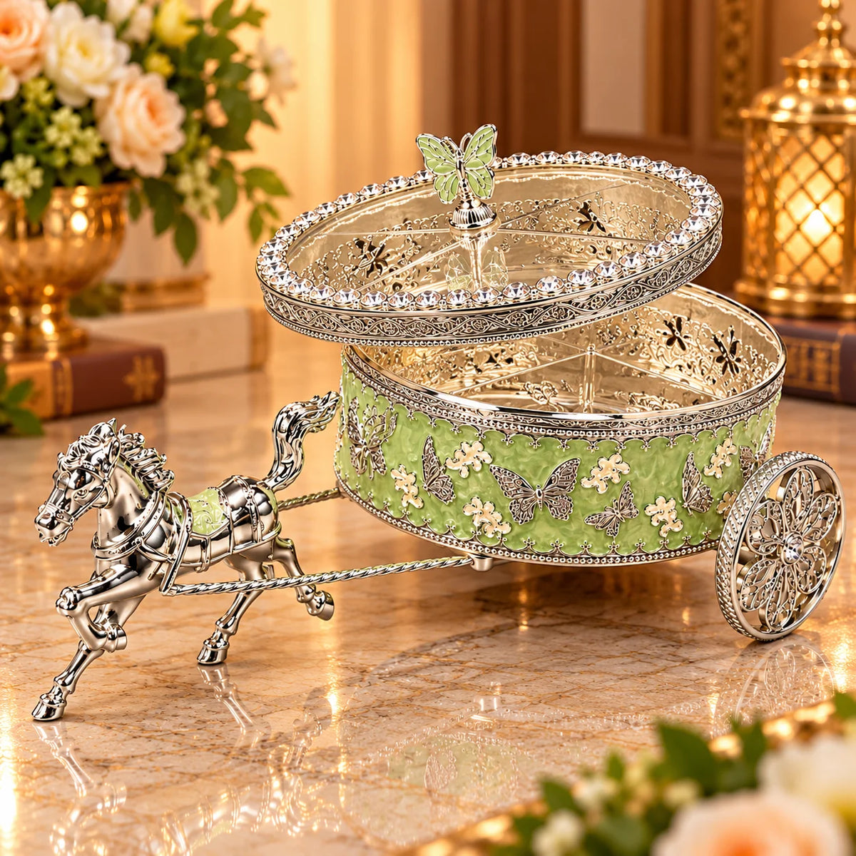 Green Horse Carriage Decorative Jewellery Box with Silver Finish
