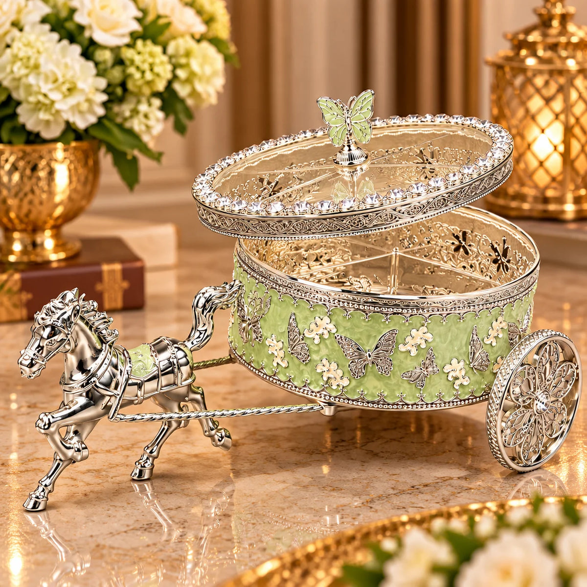 Green Horse Carriage Decorative Jewellery Box with Silver Finish