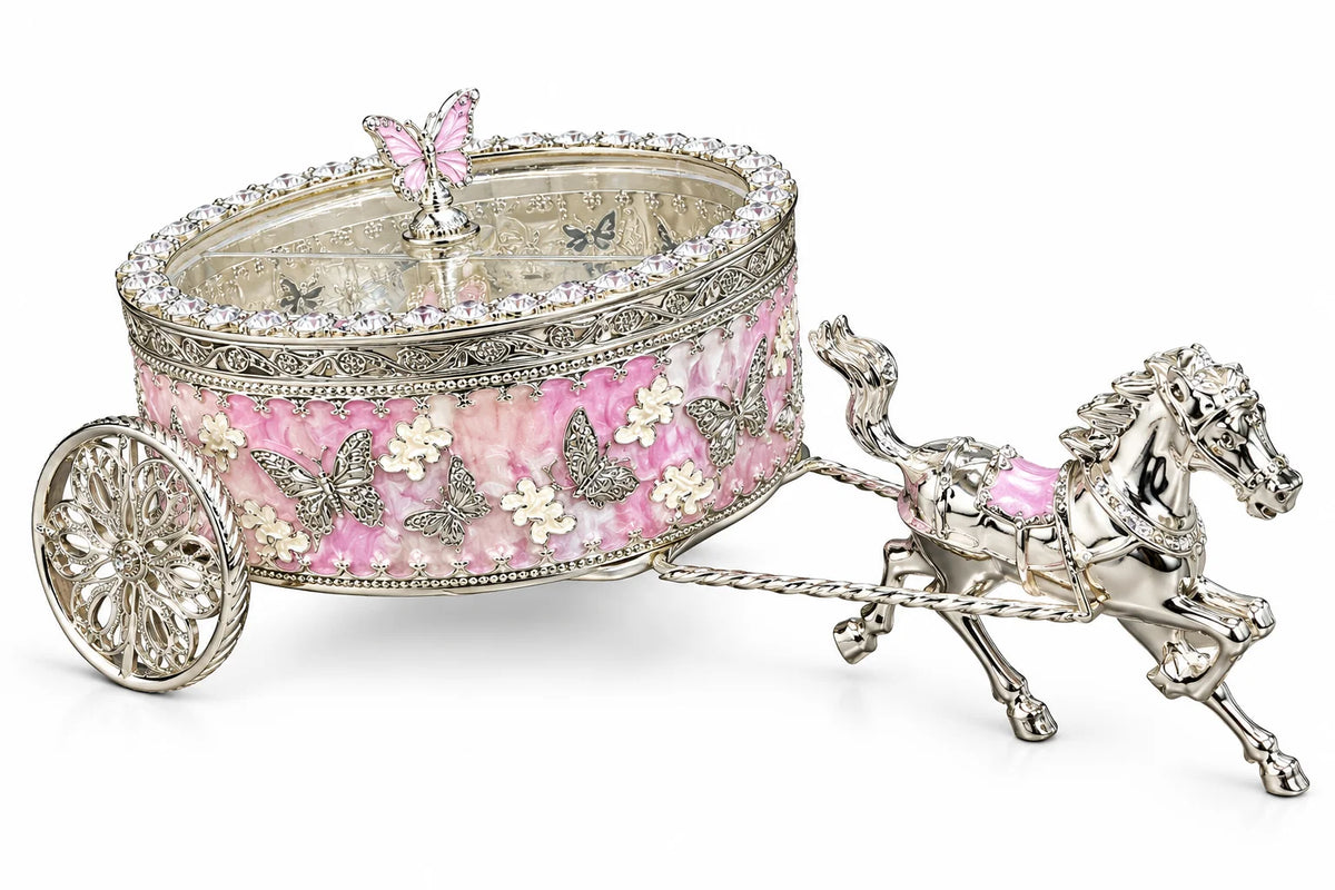 Pink Horse Carriage Decorative Jewellery Box with Silver Finish
