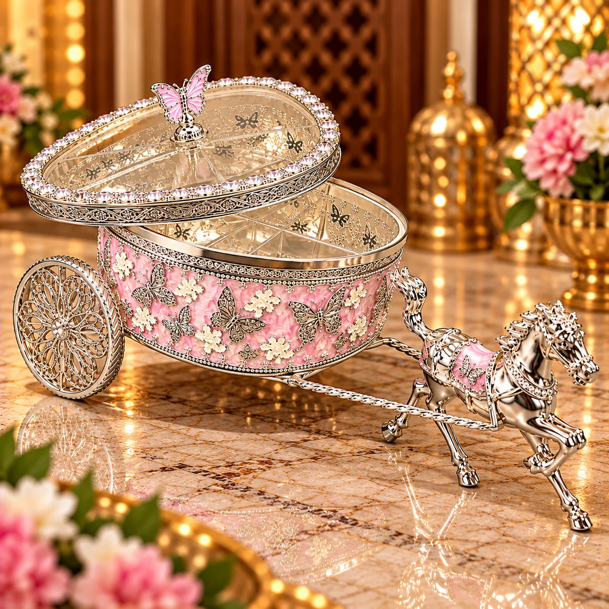 Pink Horse Carriage Decorative Jewellery Box with Silver Finish