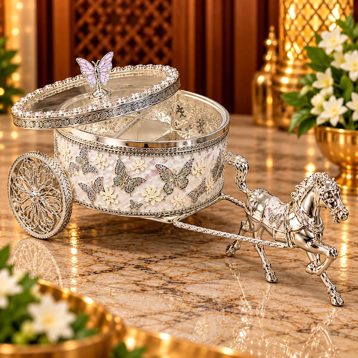 White Horse Carriage Decorative Jewellery Box with Silver Finish