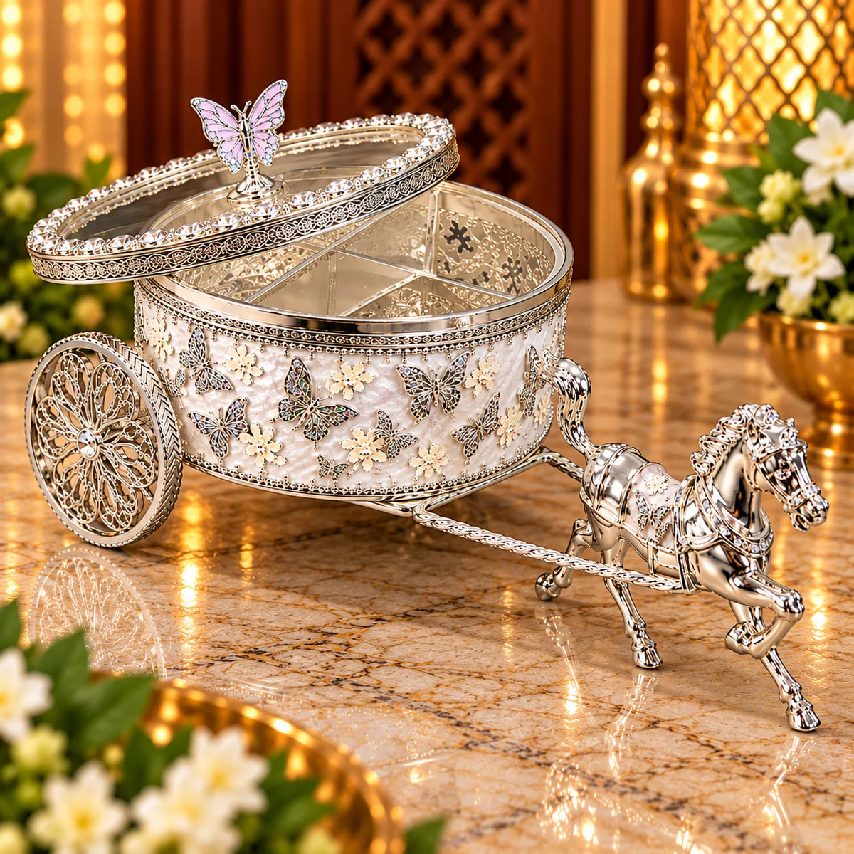 White Horse Carriage Decorative Jewellery Box with Silver Finish