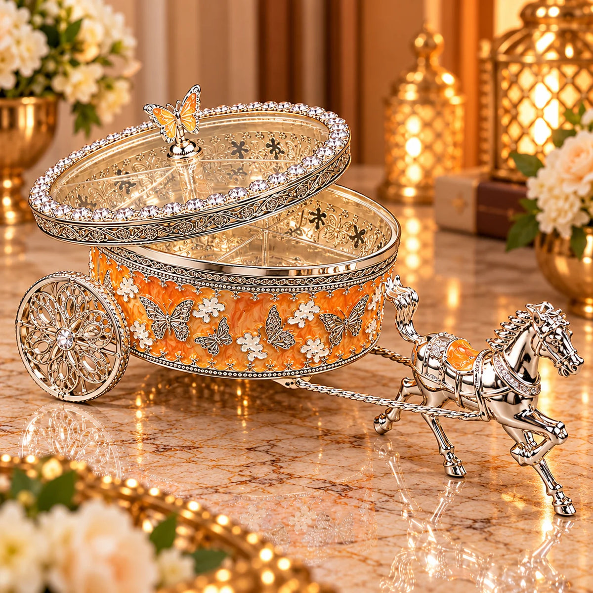 Yellow Horse Carriage Decorative Jewellery Box with Silver Finish