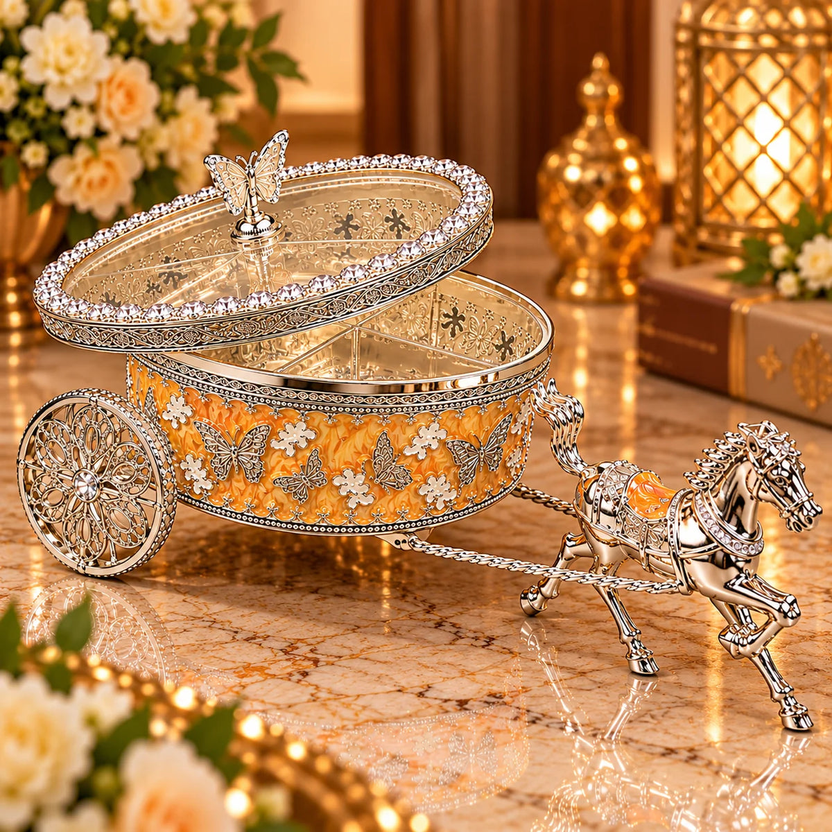Yellow Horse Carriage Decorative Jewellery Box with Silver Finish