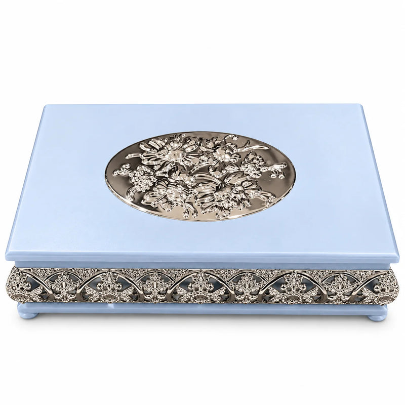Blue Decorative Jewellery Box with Silver Floral Embossed Design