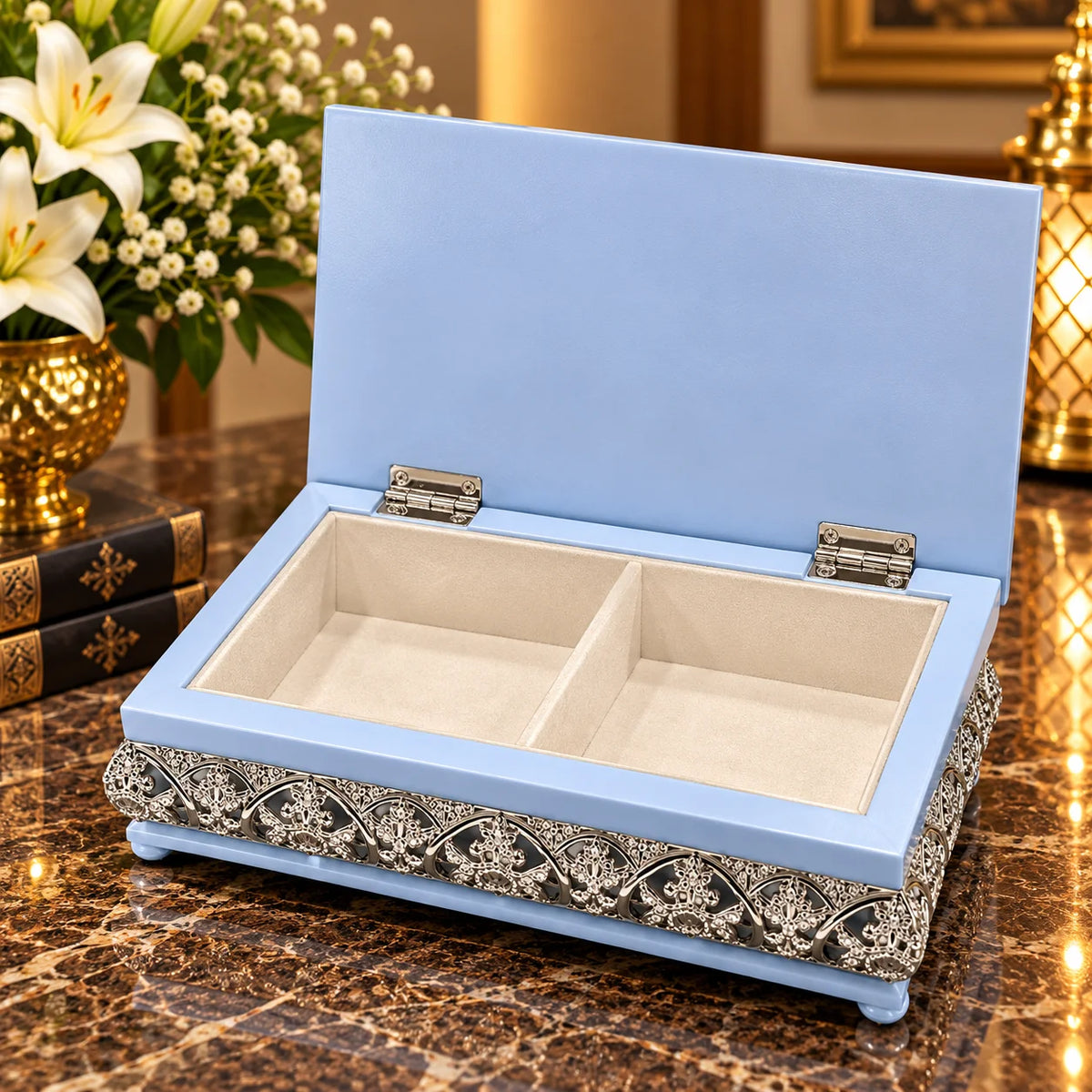 Blue Decorative Jewellery Box with Silver Floral Embossed Design