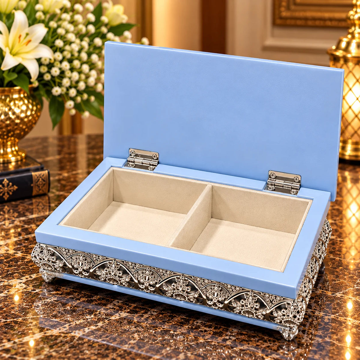 Blue Decorative Jewellery Box with Silver Floral Embossed Design