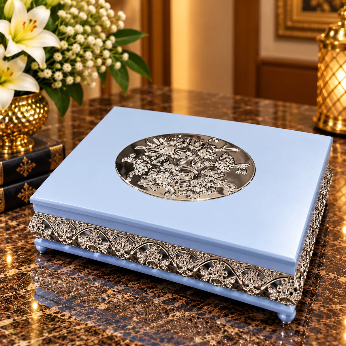 Blue Decorative Jewellery Box with Silver Floral Embossed Design