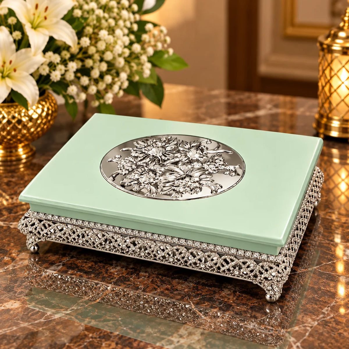 Mint Green Decorative Jewellery Box with Silver Floral Embossed Design