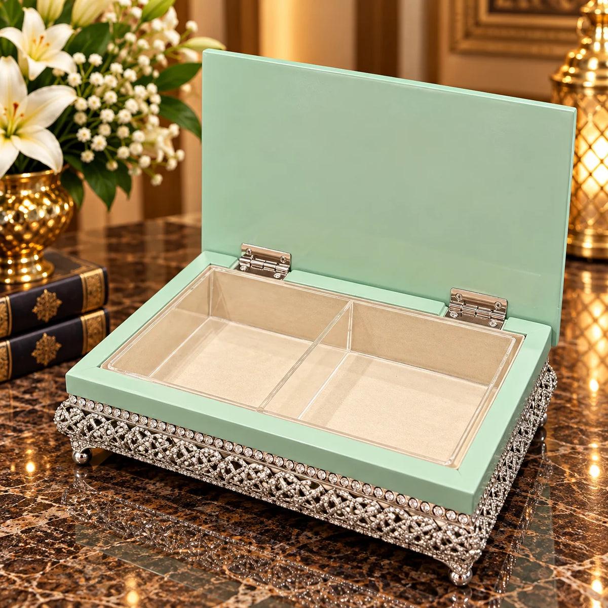Mint Green Decorative Jewellery Box with Silver Floral Embossed Design
