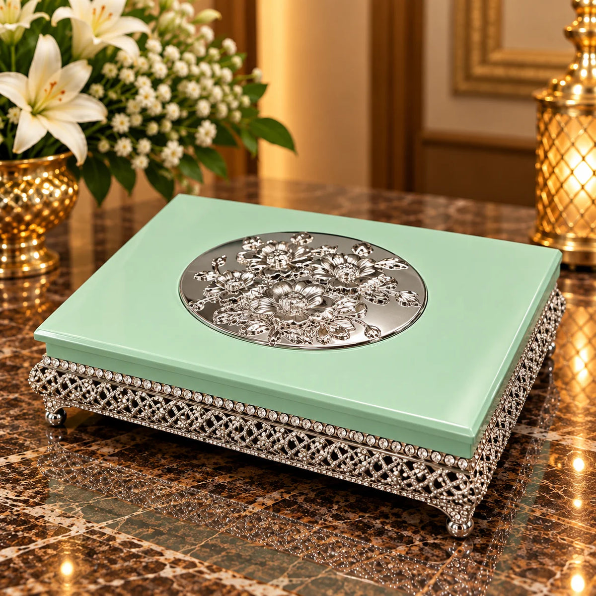 Mint Green Decorative Jewellery Box with Silver Floral Embossed Design