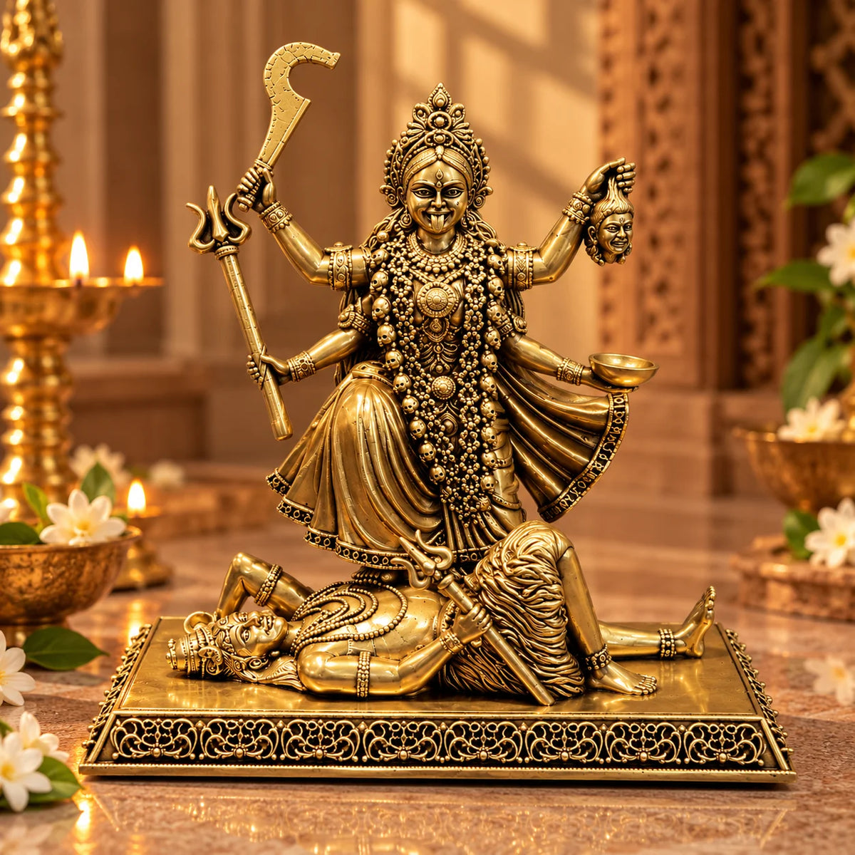 Antique Gold Kali Mata Idol Statue – Traditional Hindu Religious Decor