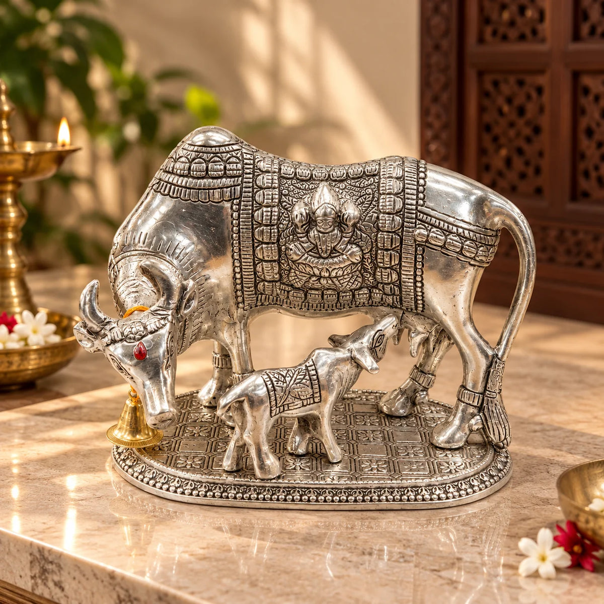 Kamdhenu Cow & Calf Idol | Traditional Hindu Cow Statue for Home & Temple Decor