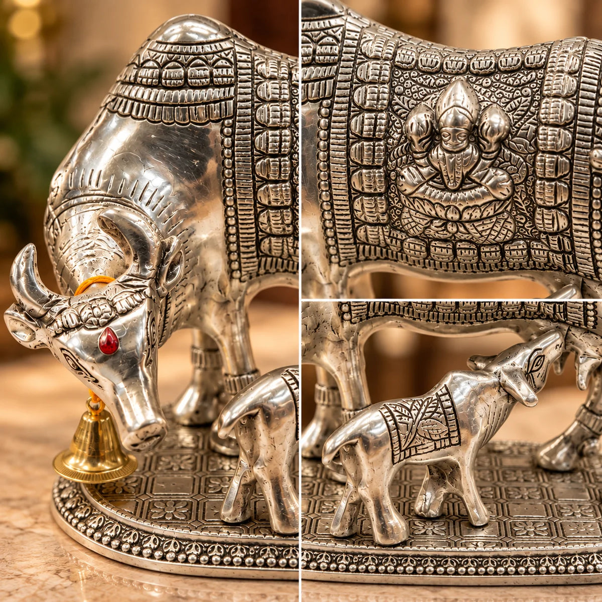 Kamdhenu Cow & Calf Idol | Traditional Hindu Cow Statue for Home & Temple Decor