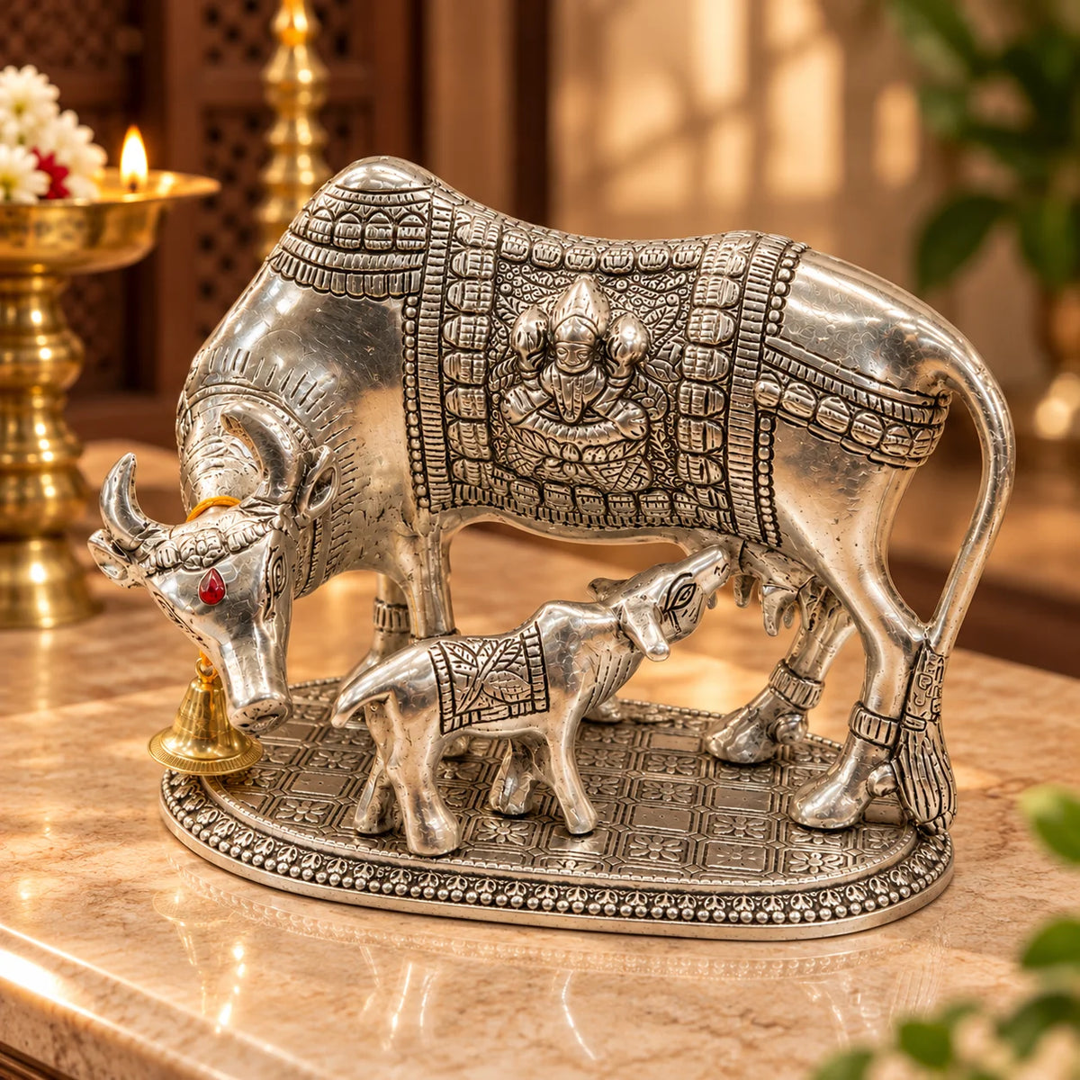 Kamdhenu Cow & Calf Idol | Traditional Hindu Cow Statue for Home & Temple Decor