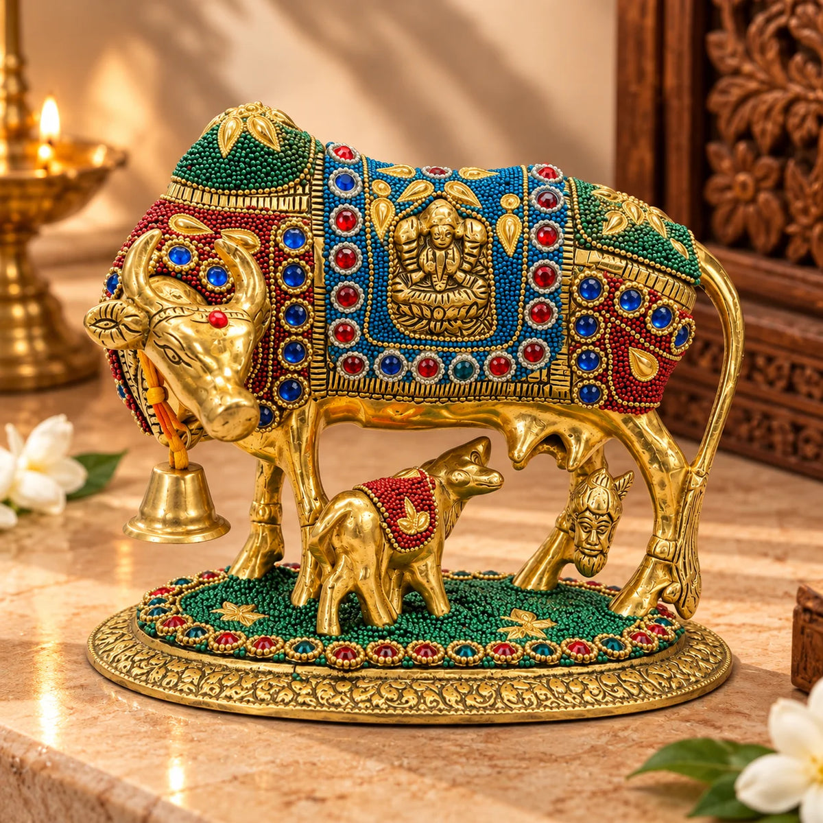 Kamdhenu Cow & Calf Statue | Traditional Indian Decorative Idol for Pooja & Home Décor