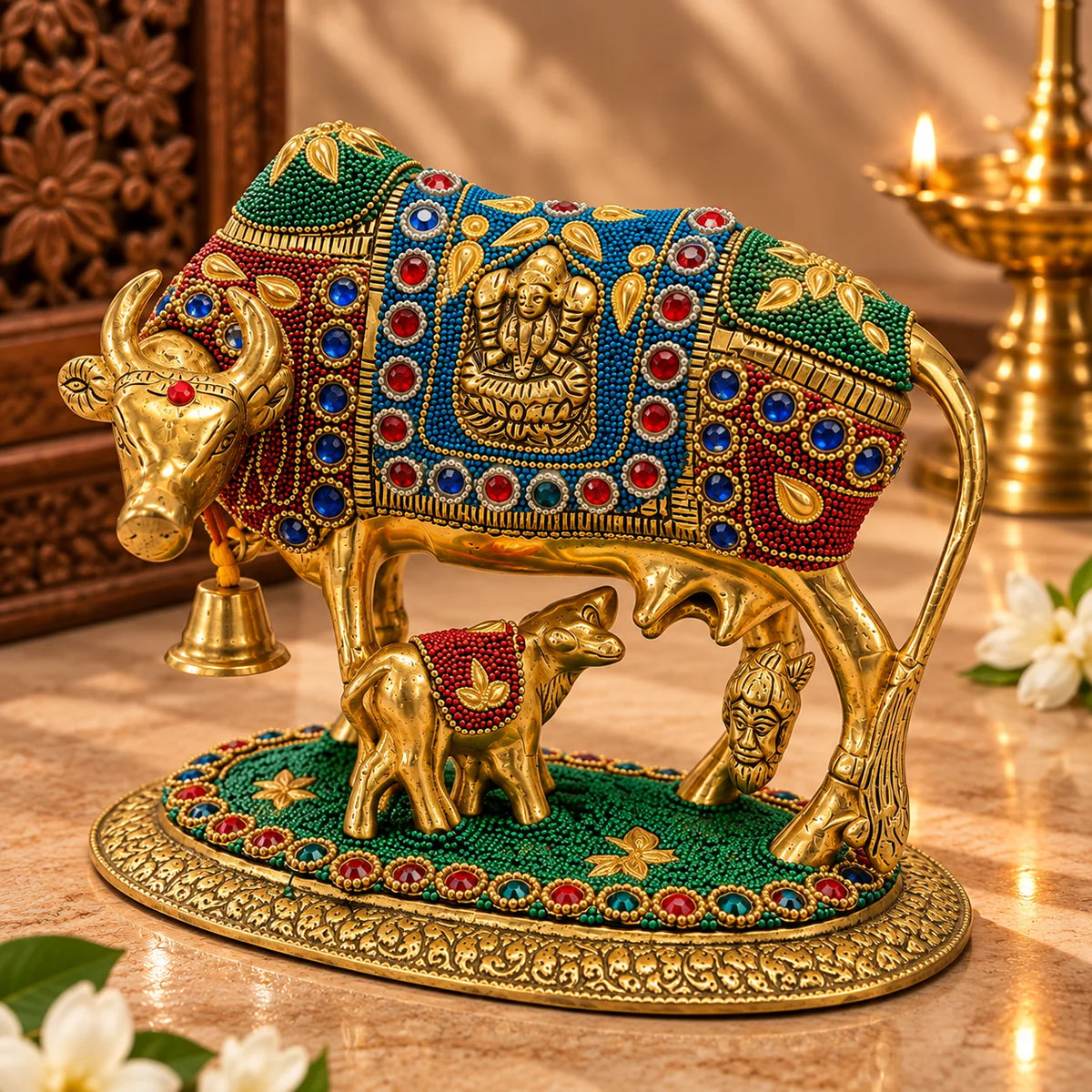 Kamdhenu Cow & Calf Statue | Traditional Indian Decorative Idol for Pooja & Home Décor