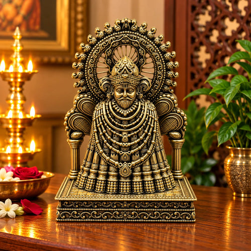 Antique Brass Khatu Shyam Ji Statue with Ornate Decorative Throne