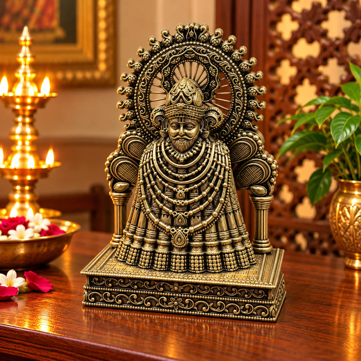 Antique Brass Khatu Shyam Ji Statue with Ornate Decorative Throne