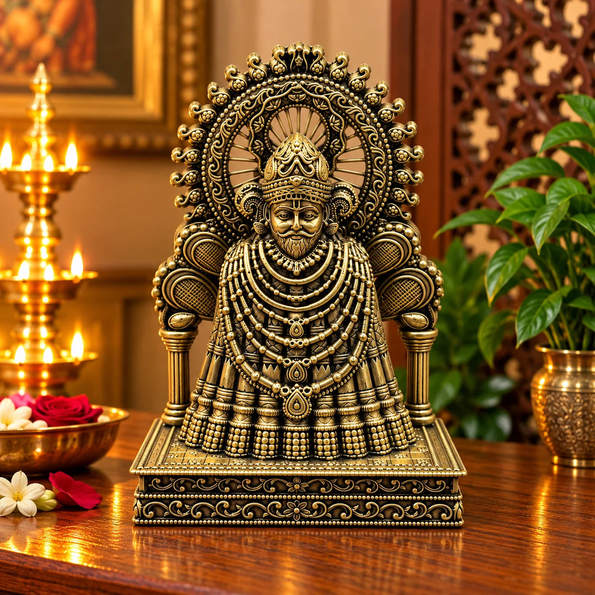 Antique Brass Khatu Shyam Ji Statue with Ornate Decorative Throne