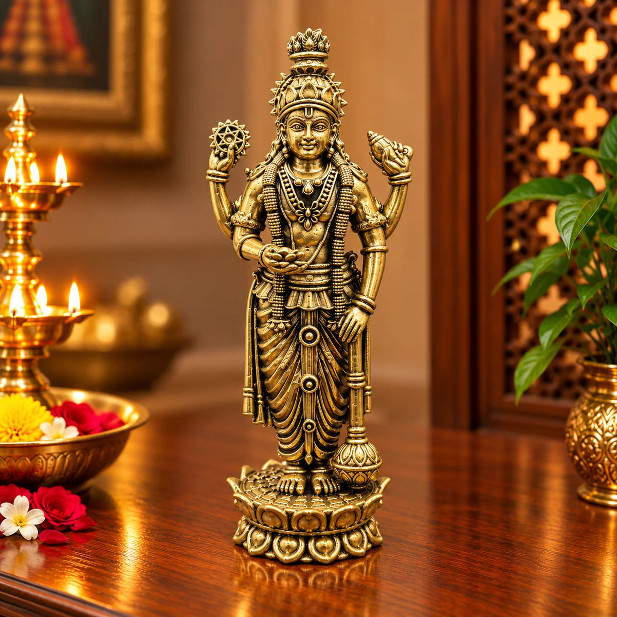 Brass Lord Vishnu Standing Idol with Sudarshan Chakra – Antique Gold Hindu God Statue