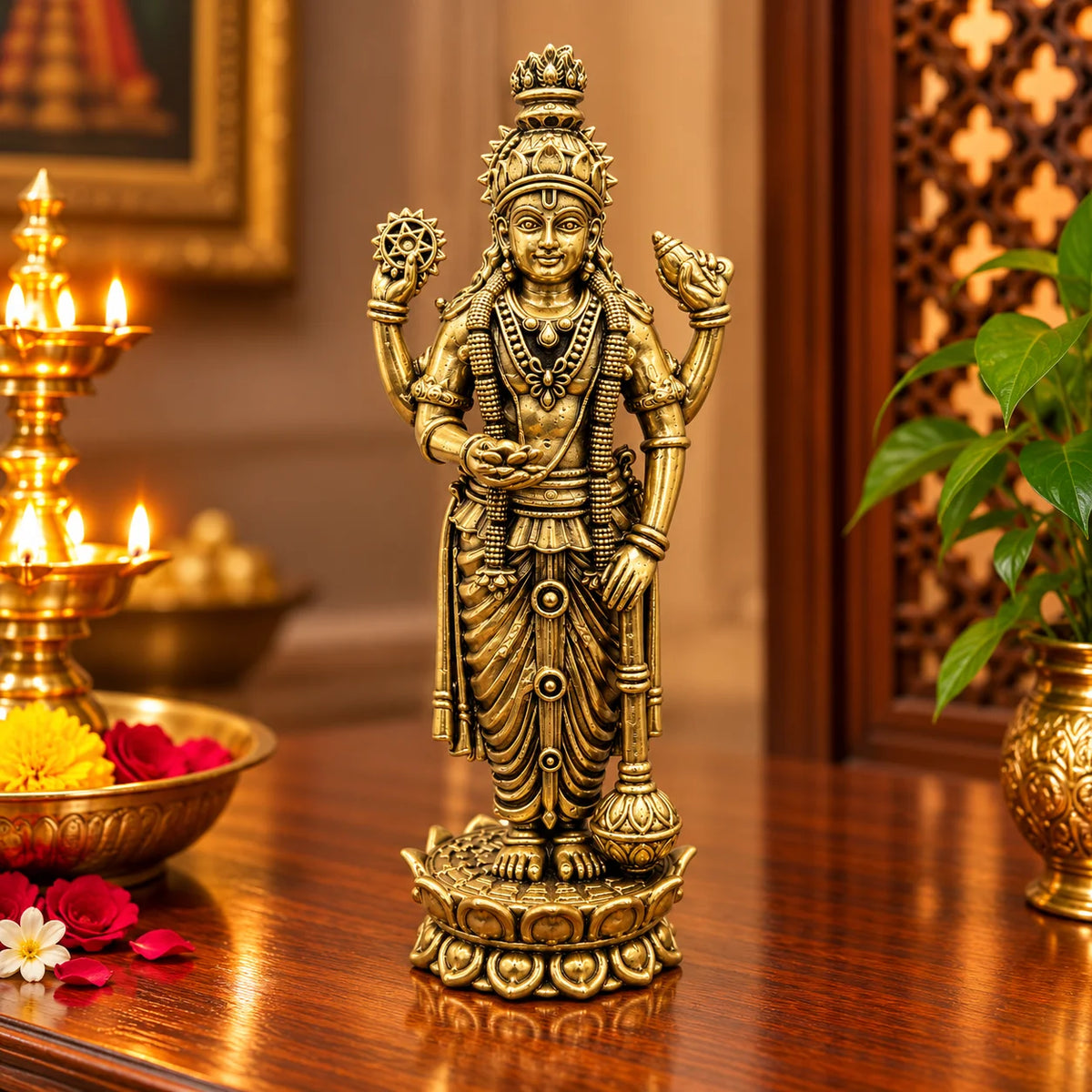 Brass Lord Vishnu Standing Idol with Sudarshan Chakra – Antique Gold Hindu God Statue