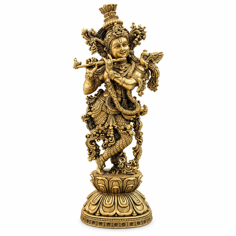 Antique Brass Lord Krishna Statue with Flute – Traditional Decorative Idol