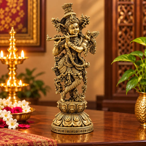 Antique Brass Lord Krishna Statue with Flute – Traditional Decorative Idol