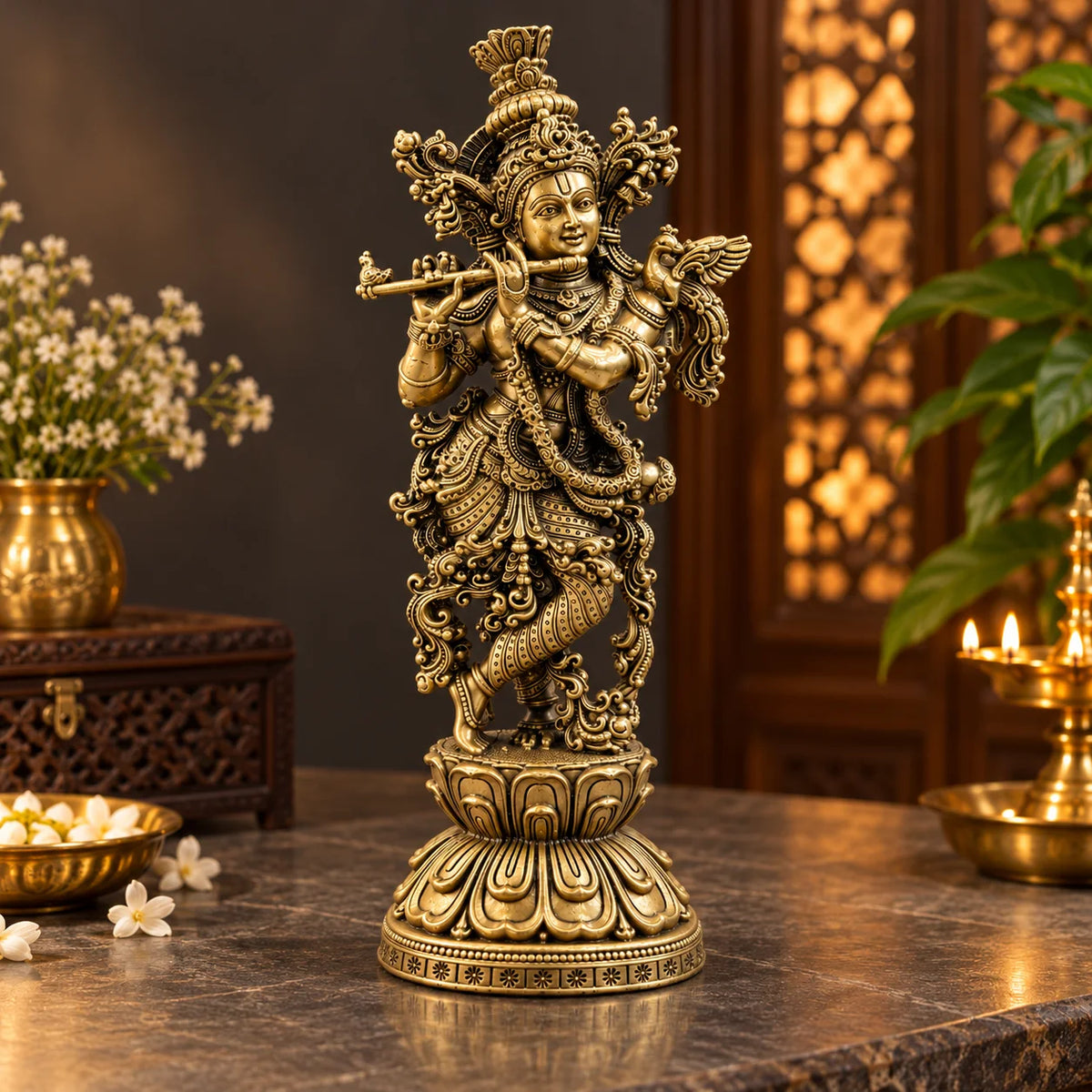 Antique Brass Lord Krishna Statue with Flute – Traditional Decorative Idol
