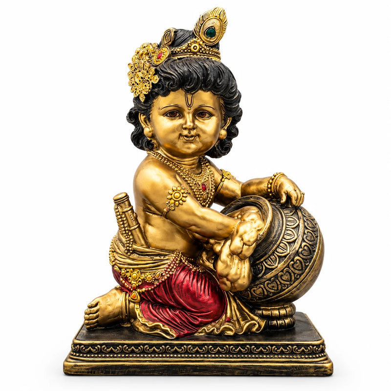 Antique Golden Bal Krishna Statue with Decorative Matki
