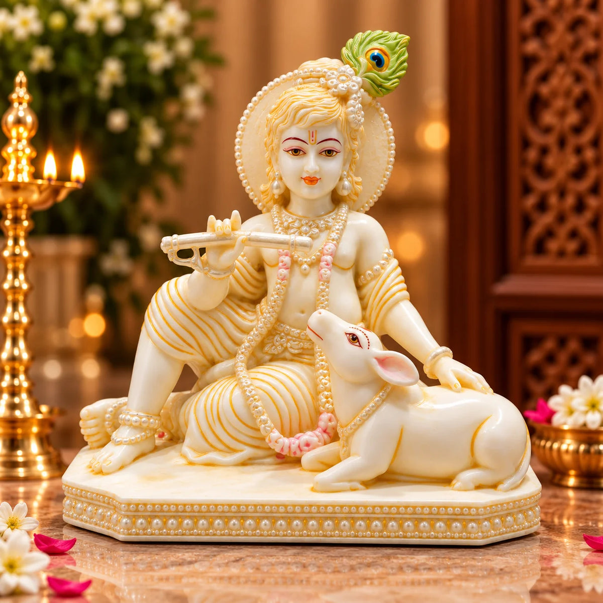 Krishna Flute Statue with Cow | Lord Krishna Ji Idol