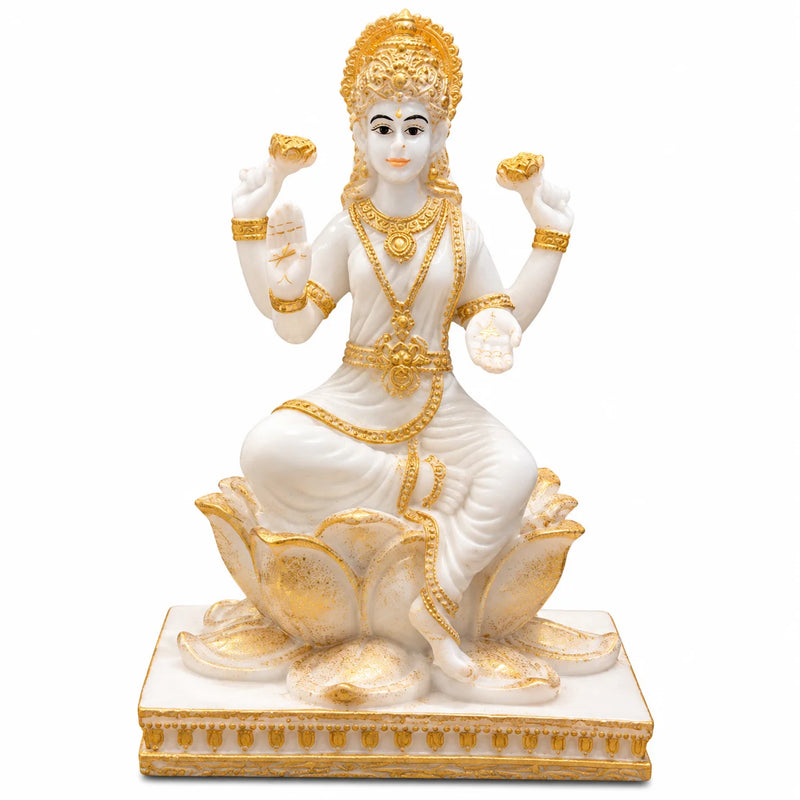 White & Gold Goddess Lakshmi Idol on Lotus Throne - Decorative Lakshmi Idol