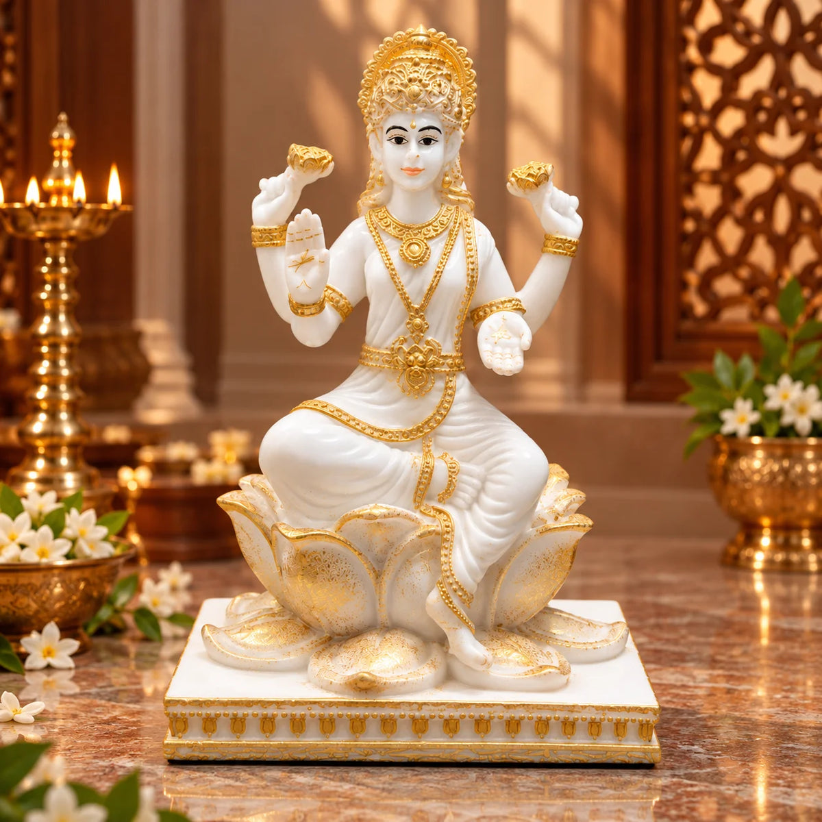 White & Gold Goddess Lakshmi Idol on Lotus Throne - Decorative Lakshmi Idol