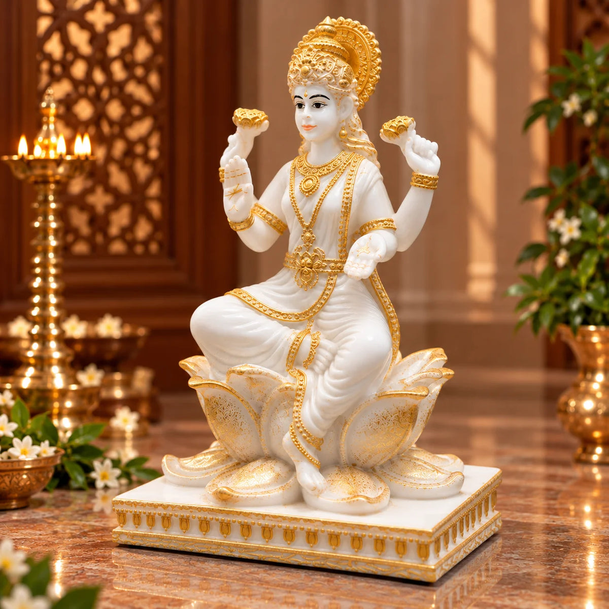 White & Gold Goddess Lakshmi Idol on Lotus Throne - Decorative Lakshmi Idol