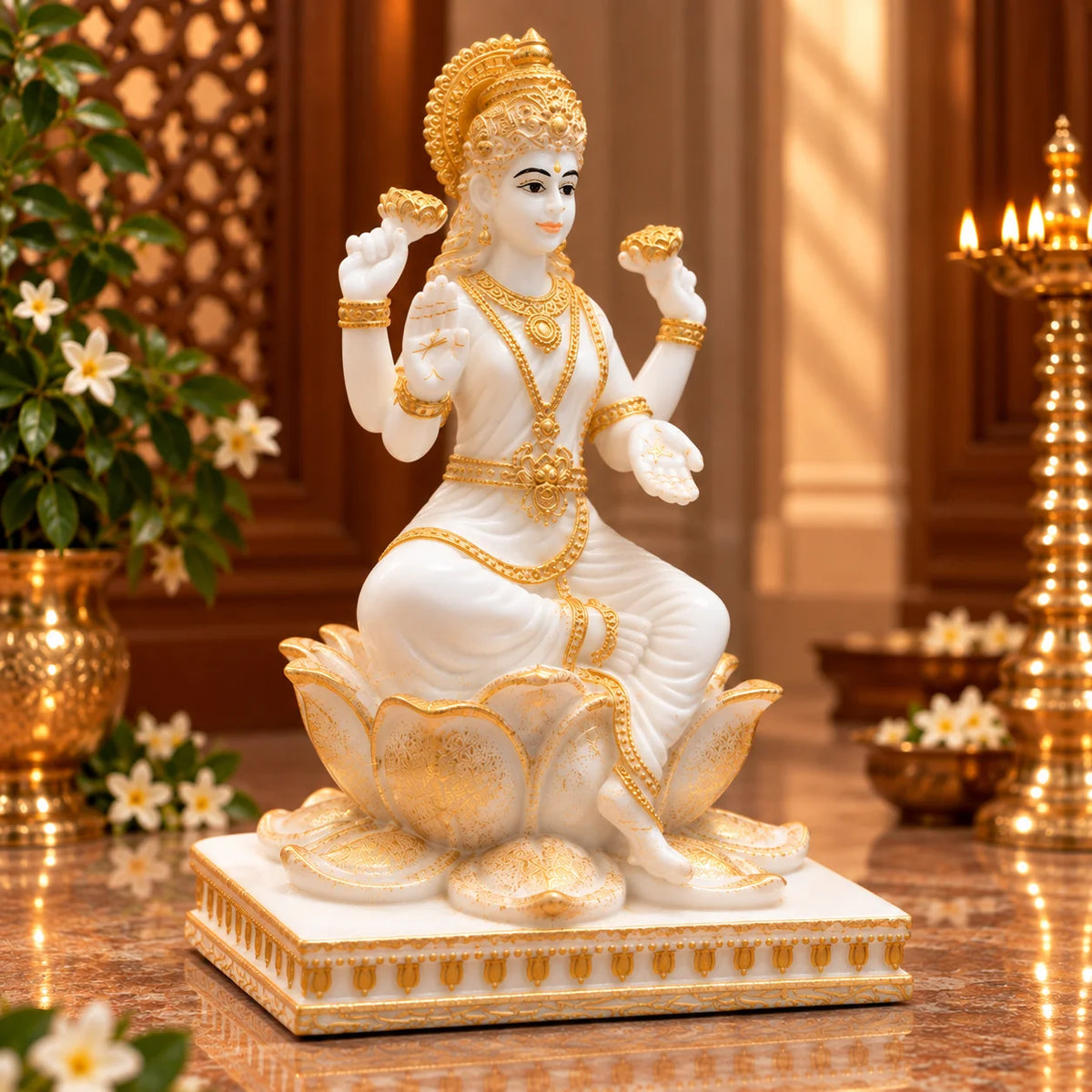 White & Gold Goddess Lakshmi Idol on Lotus Throne - Decorative Lakshmi Idol