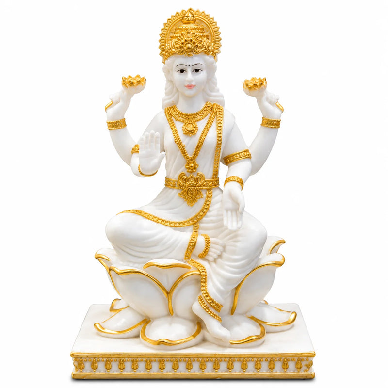 White & Gold Goddess Lakshmi Idol on Lotus Throne - Decorative Lakshmi Idols