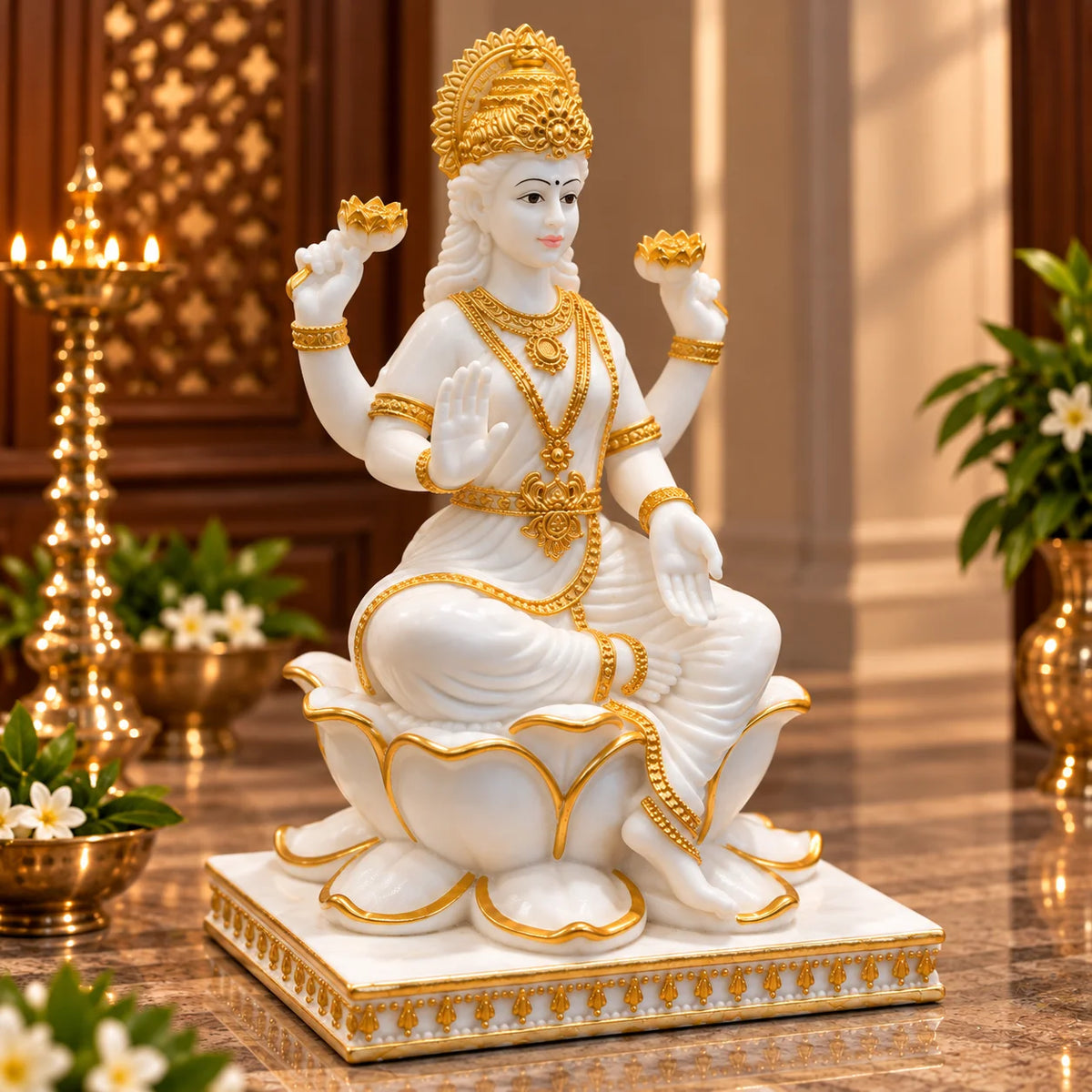 White & Gold Goddess Lakshmi Idol on Lotus Throne - Decorative Lakshmi Idols
