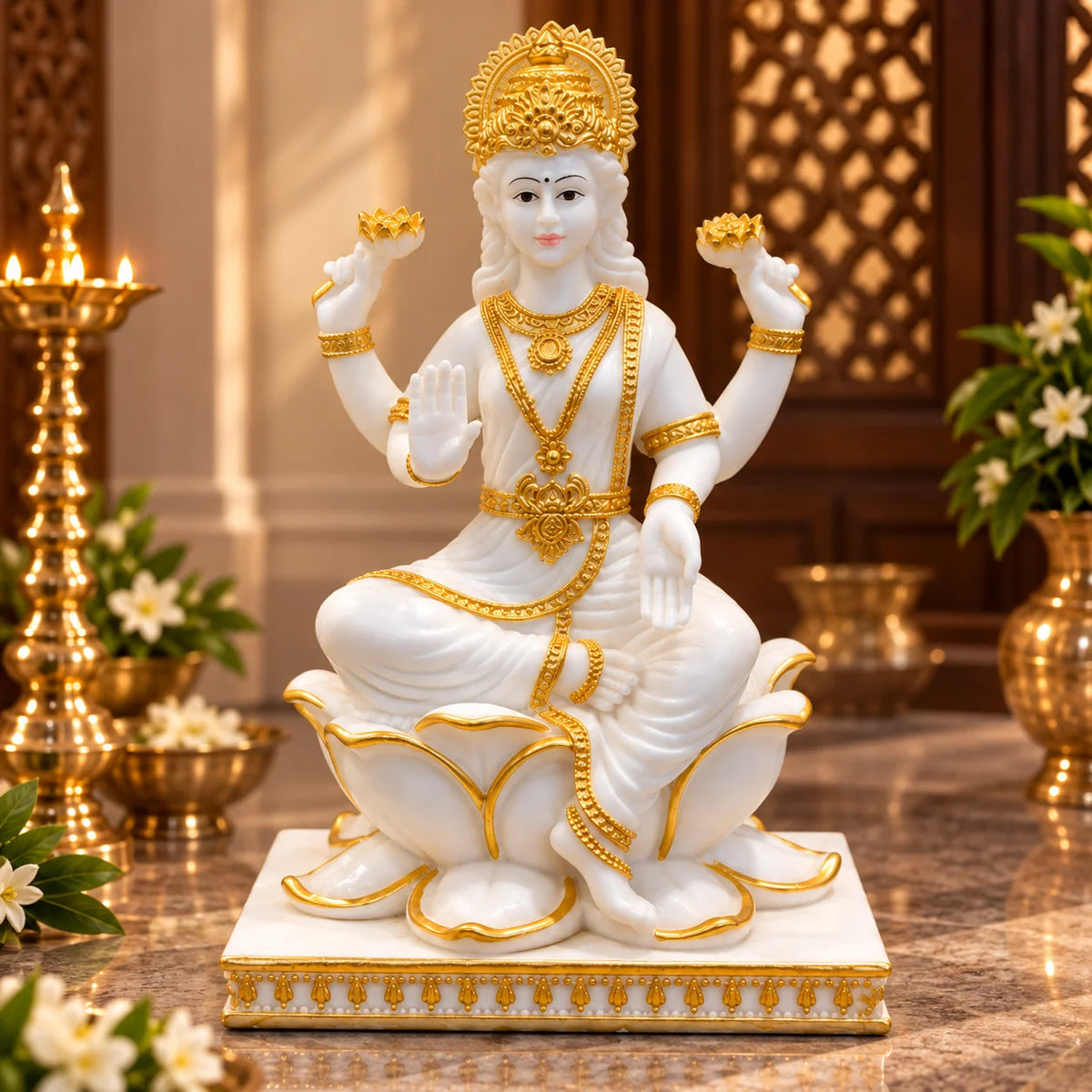 White & Gold Goddess Lakshmi Idol on Lotus Throne - Decorative Lakshmi Idols