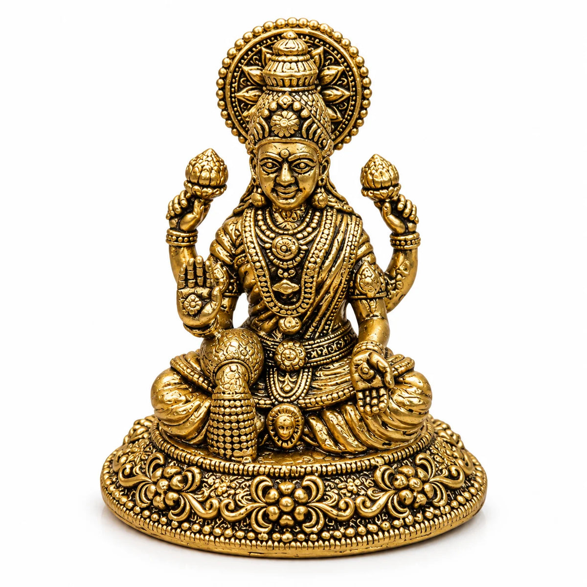 Brass Goddess Lakshmi Sitting Idol with Lotus Flowers - Antique Gold Decorative Hindu Goddess Statue
