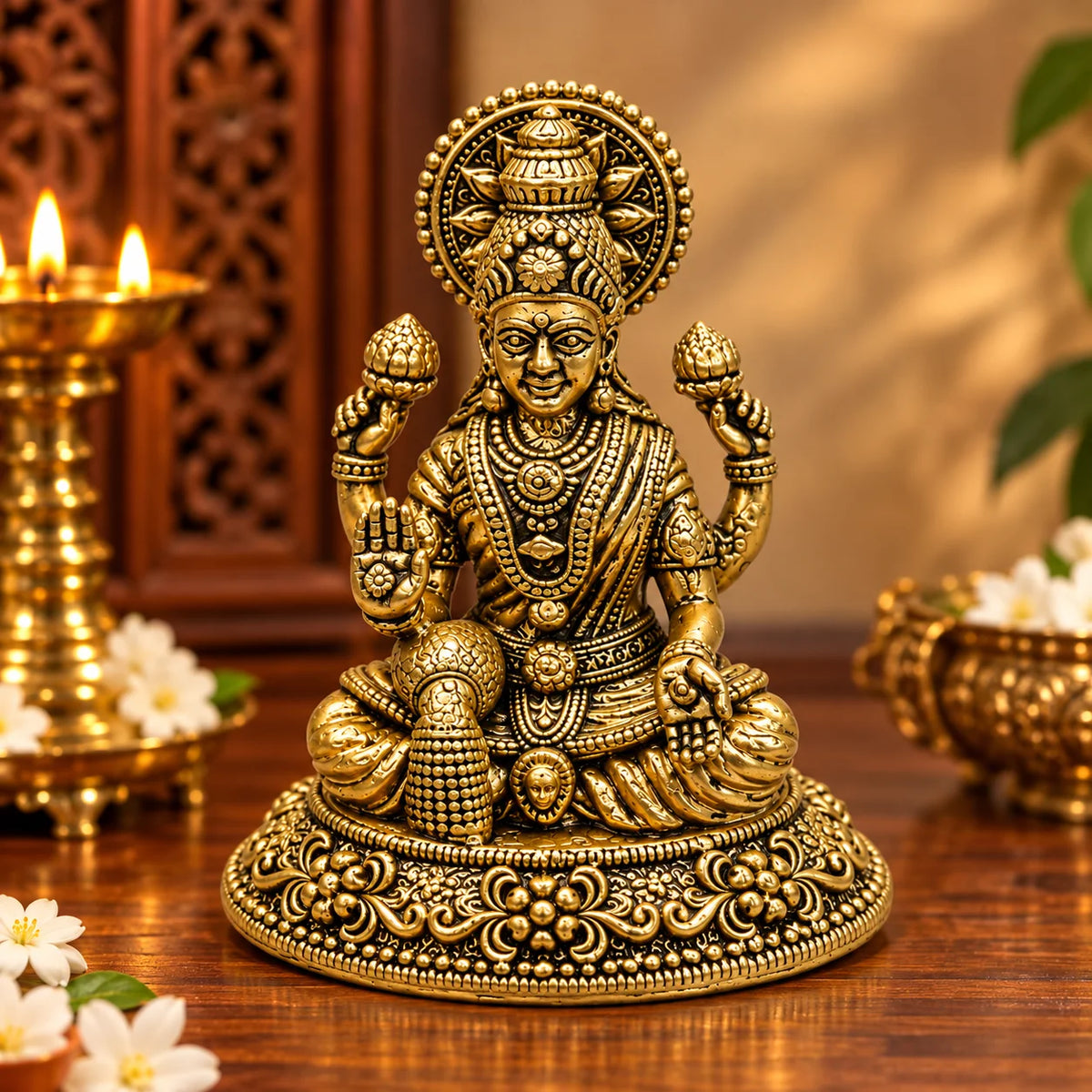 Brass Goddess Lakshmi Sitting Idol with Lotus Flowers - Antique Gold Decorative Hindu Goddess Statue