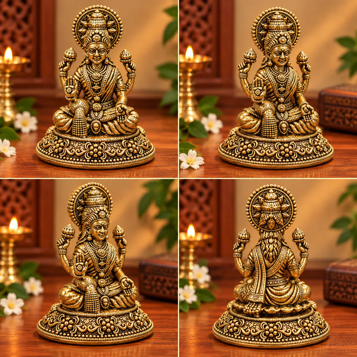 Brass Goddess Lakshmi Sitting Idol with Lotus Flowers - Antique Gold Decorative Hindu Goddess Statue