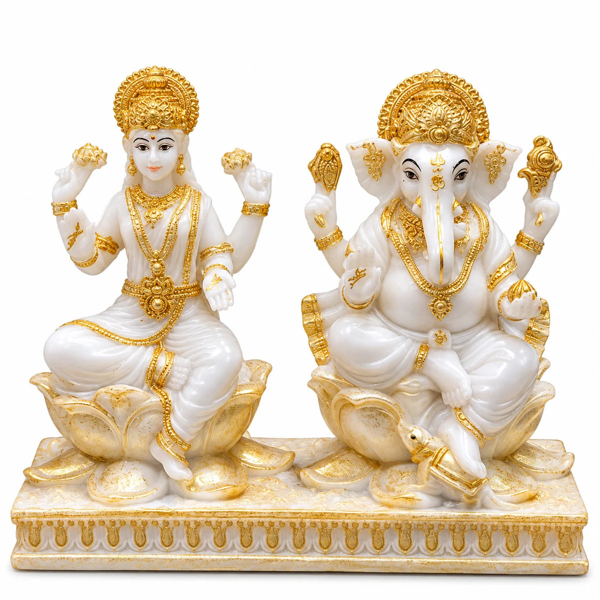 White & Gold Lakshmi Ganesh Idol Set on Lotus Throne - Decorative Hindu God Idols