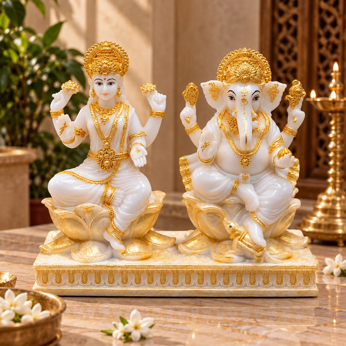 White & Gold Lakshmi Ganesh Idol Set on Lotus Throne - Decorative Hindu God Idols