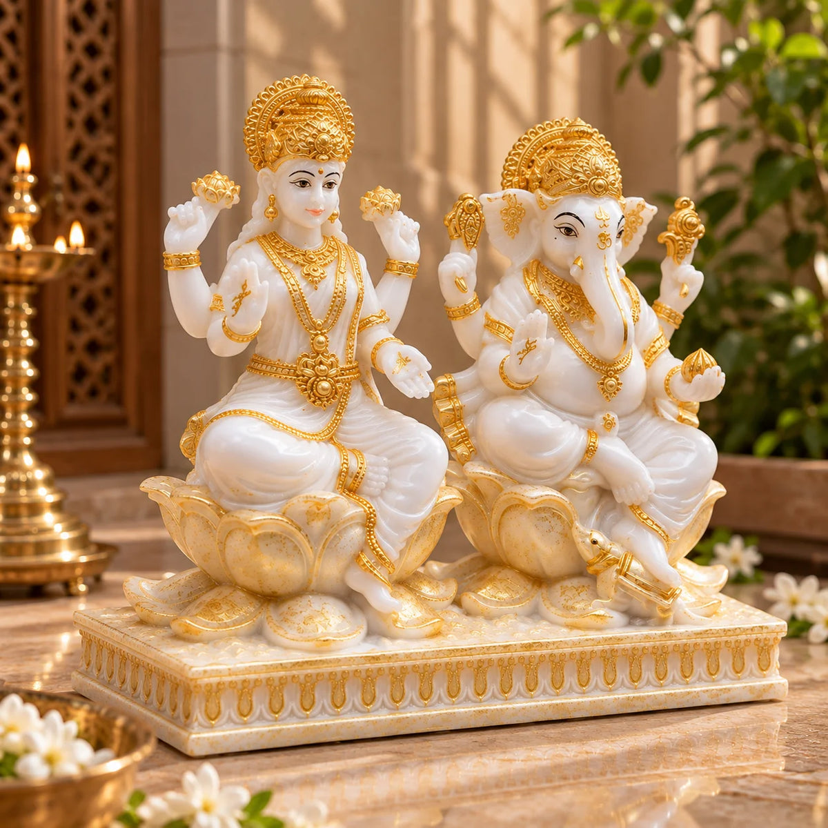 White & Gold Lakshmi Ganesh Idol Set on Lotus Throne - Decorative Hindu God Idols