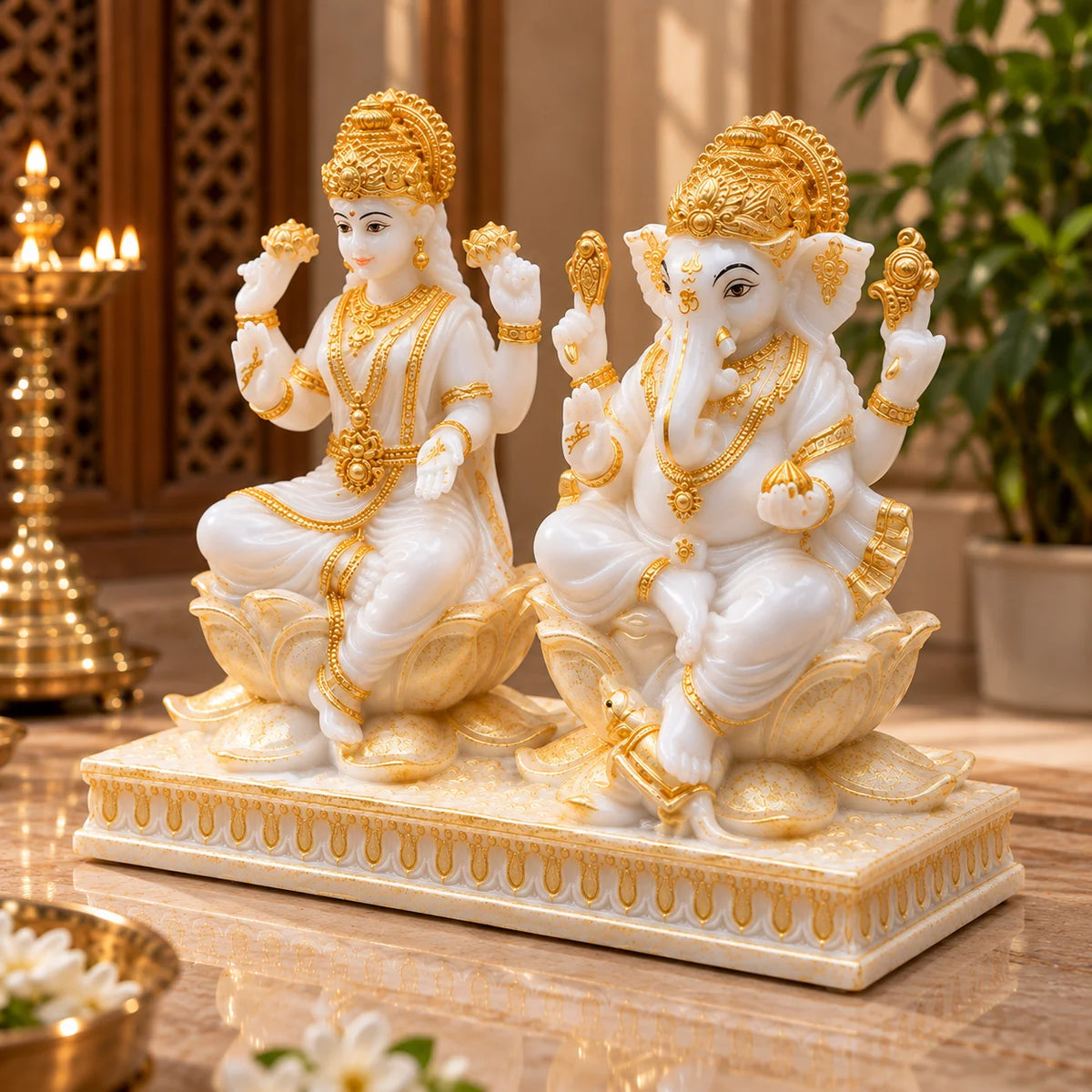 White & Gold Lakshmi Ganesh Idol Set on Lotus Throne - Decorative Hindu God Idols