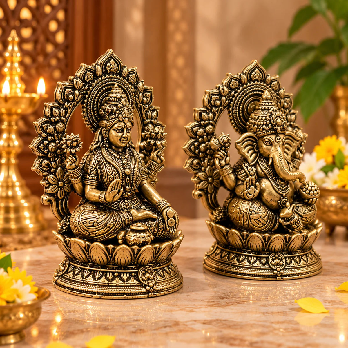 Antique Gold Lakshmi Ganesha Idol Set with Ornate Lotus Base
