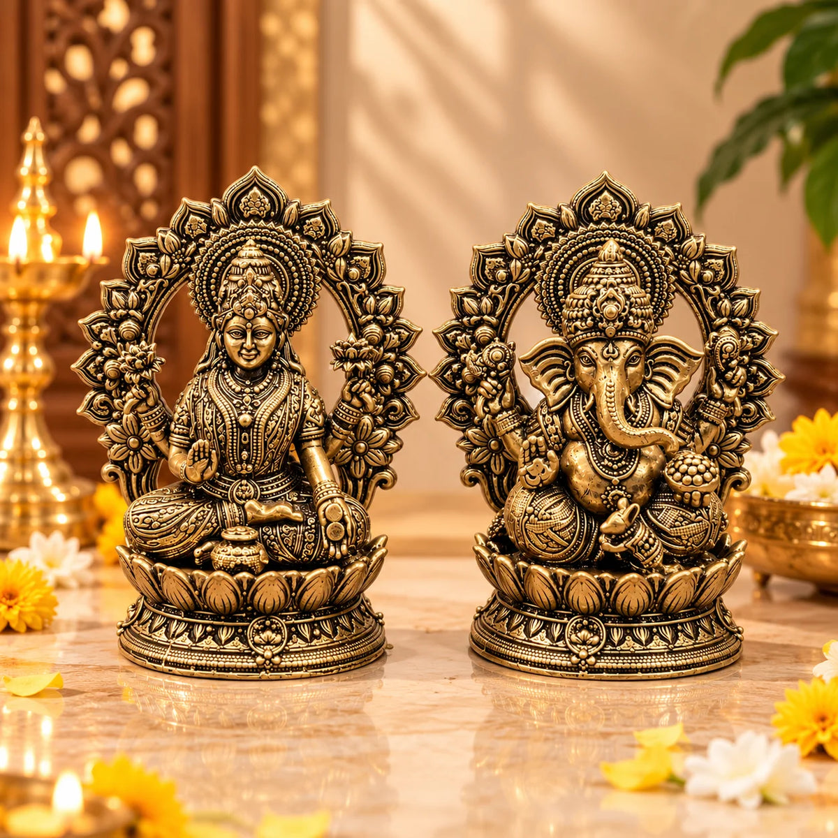 Antique Gold Lakshmi Ganesha Idol Set with Ornate Lotus Base