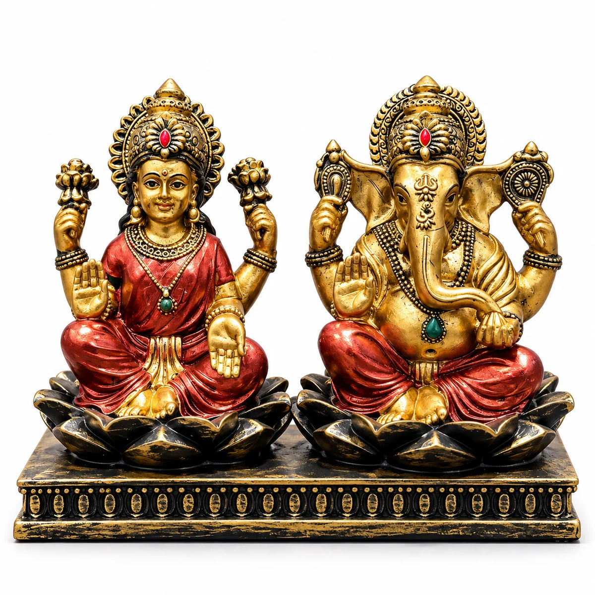 Antique Golden Lakshmi Ganesha Idol Set with Decorative Black Base